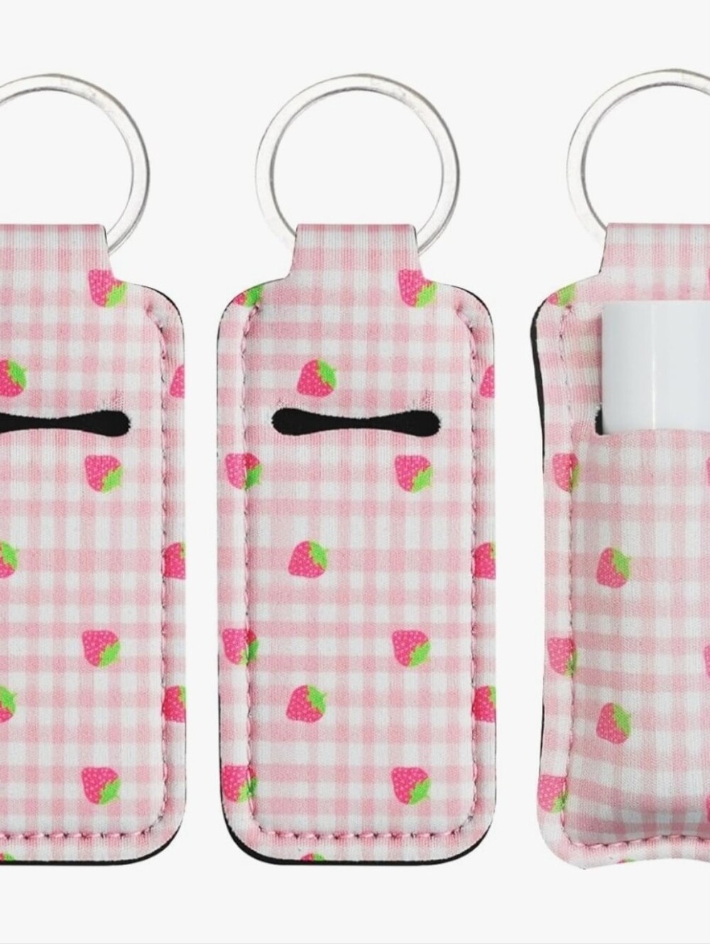 Pink Gingham Strawberry Lip Balm Keychain Holder 3 Available